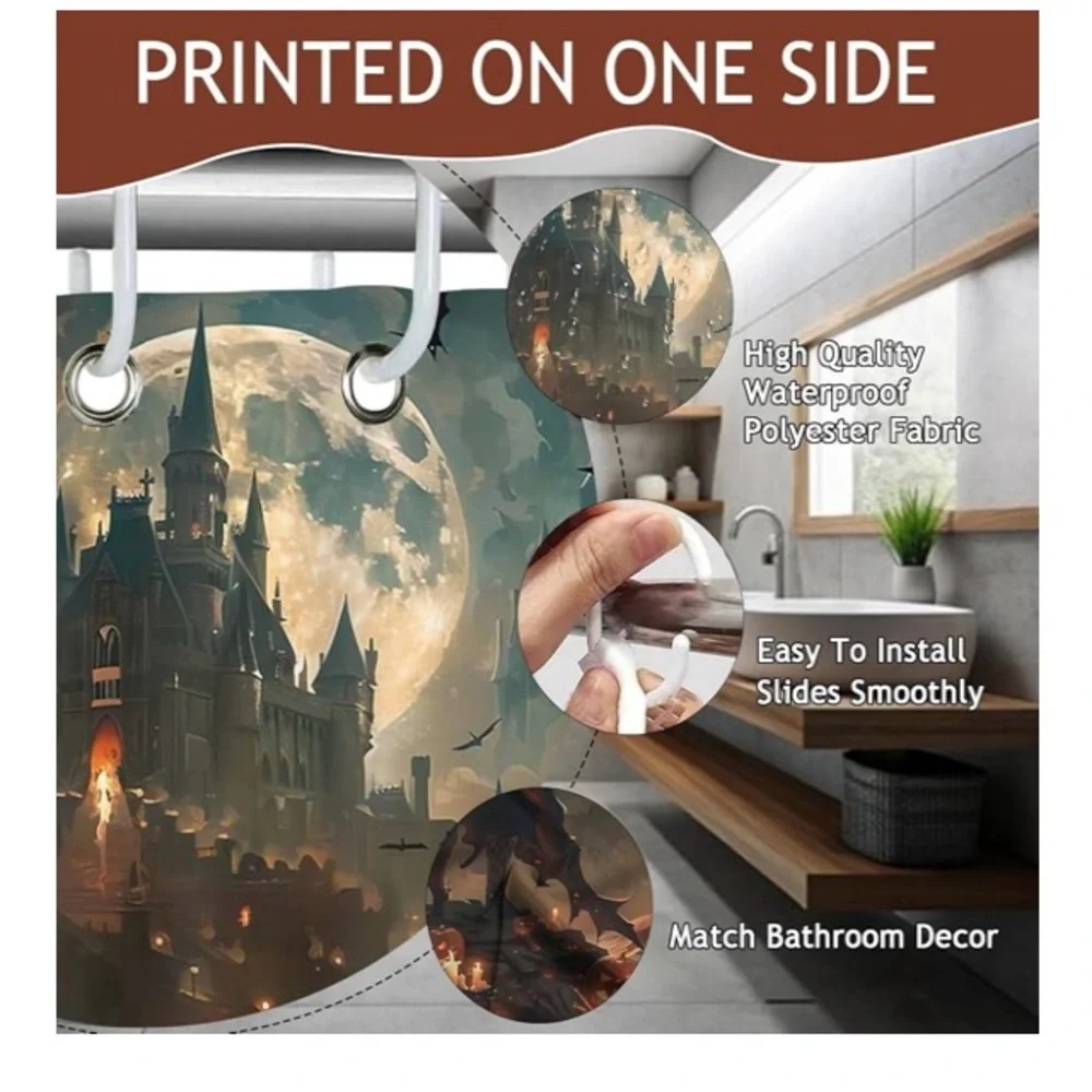 🦇🏯🎃Spooky Vampire Castle Halloween Shower Curtain/Party Photo Backdrop